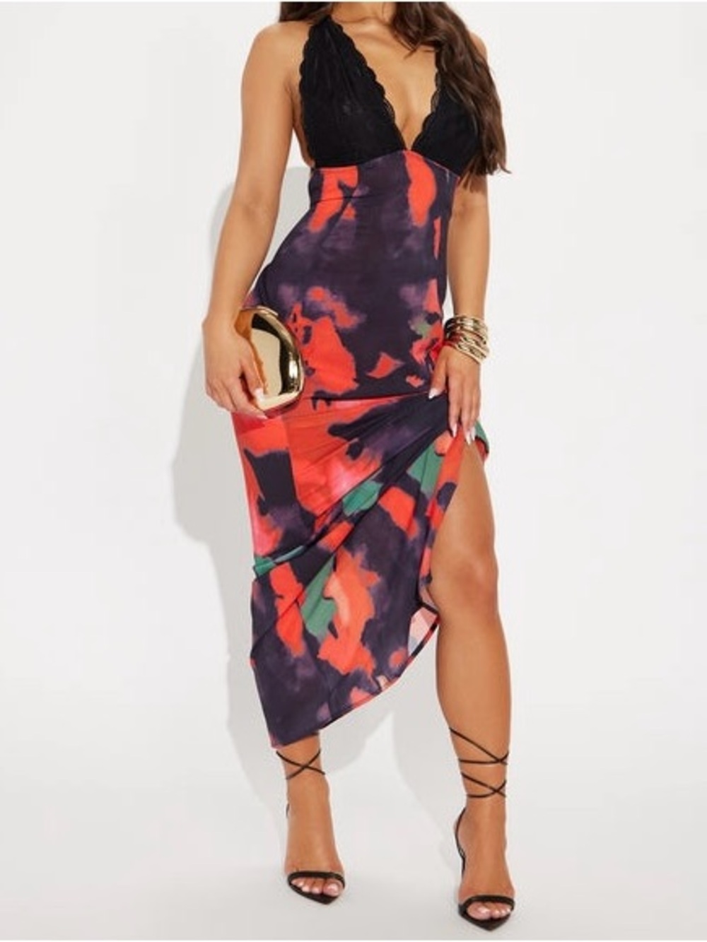 Fashion Nova Black Lace-Top Abstract Maxi Dress with Red & Green Accents